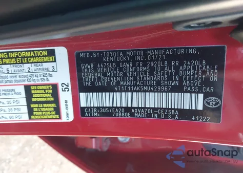2021 Toyota Camry Se from USA, damaged, VIN 4T1T11AK5MU429967